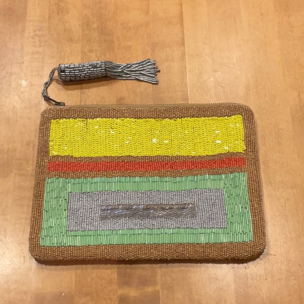 Anthropologie Jasper & Jeera Colorblock Beaded Clutch with Tassel